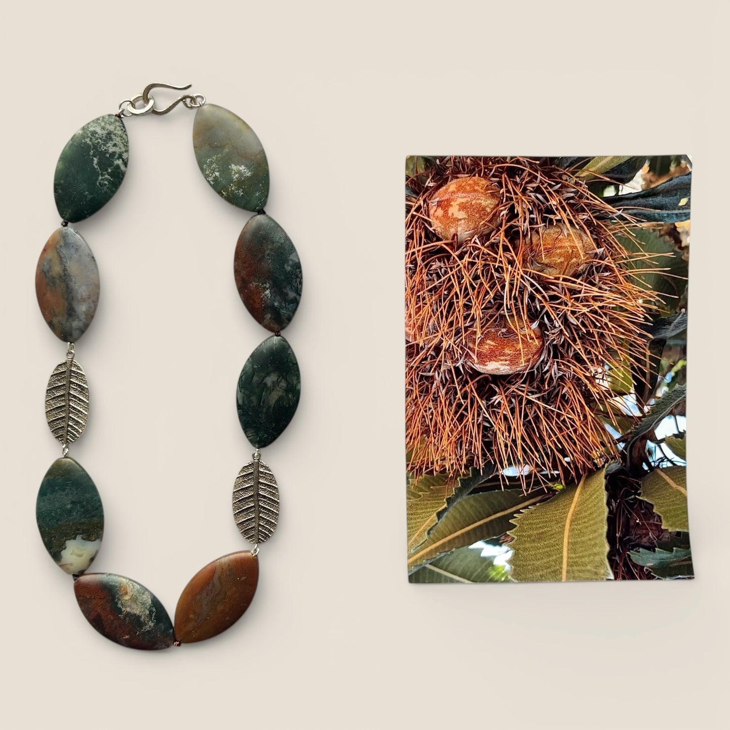 Banksia Leaf and Moss Agate Necklace
