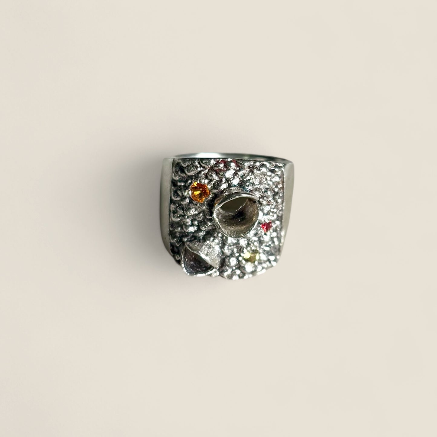 Banksia Pod Silver ring with embedded gemstones on a cream background