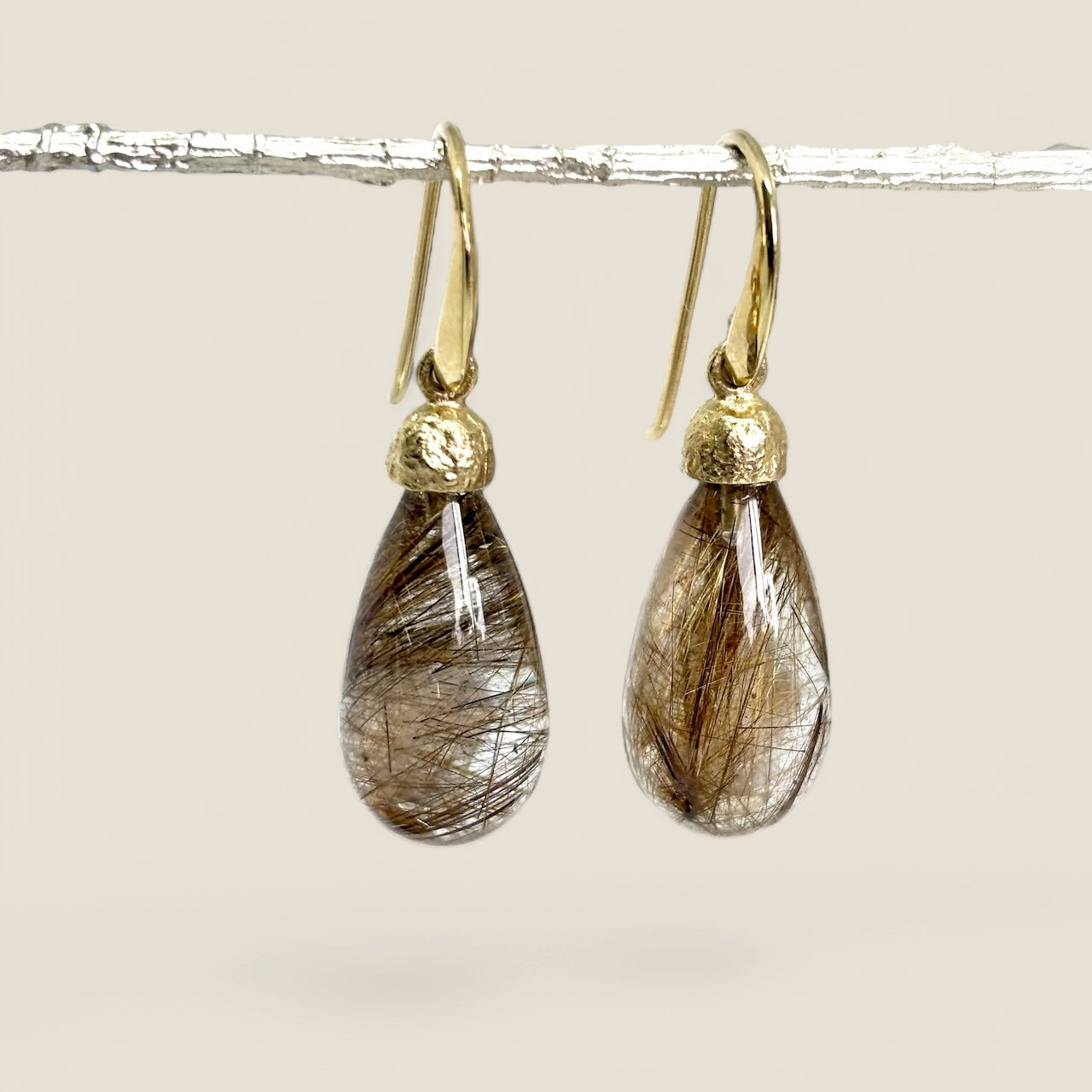 Gold Pod Drop Earrings featuring Rutilated Quartz