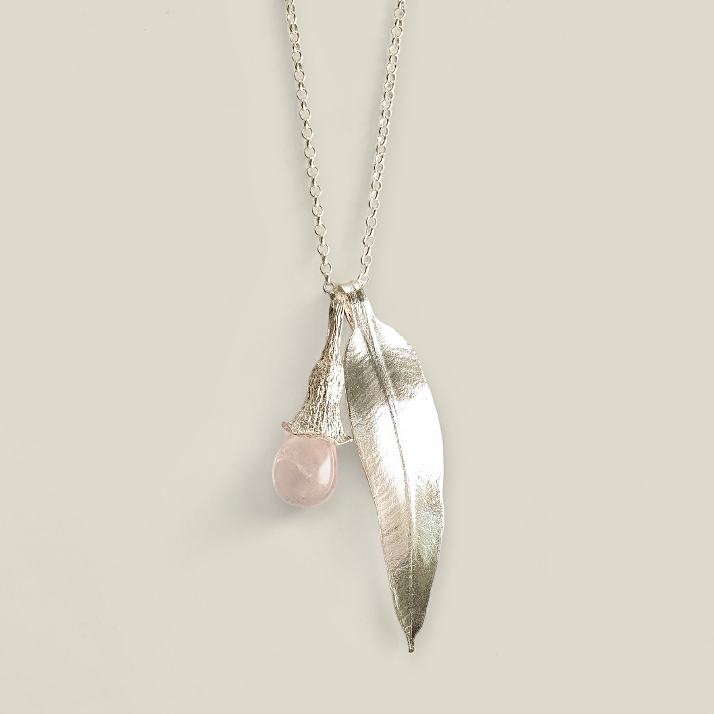Eucalyptus Charm Necklace with Rose Quartz