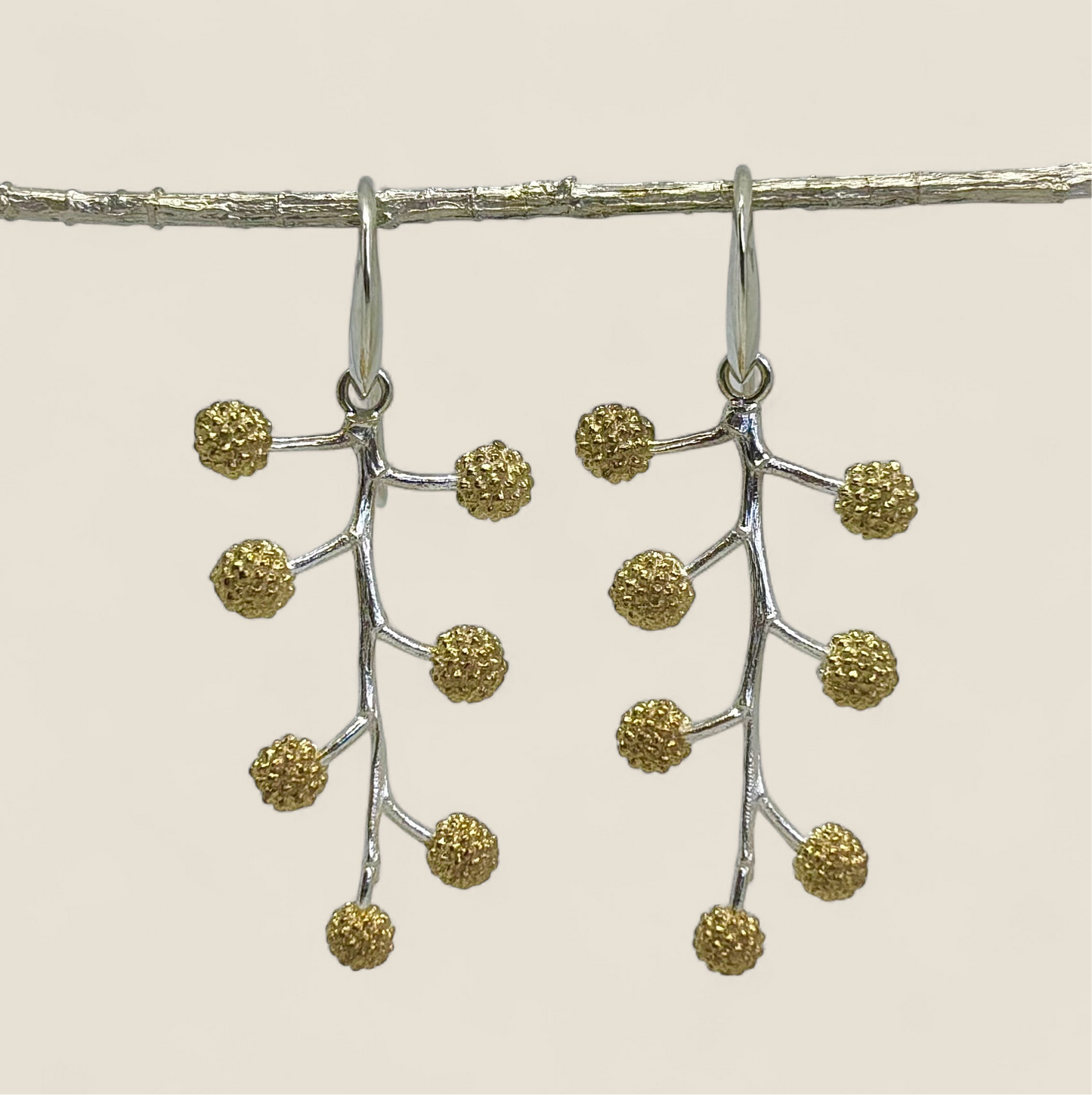 Acacia Branch earrings Silver and Yellow Gold