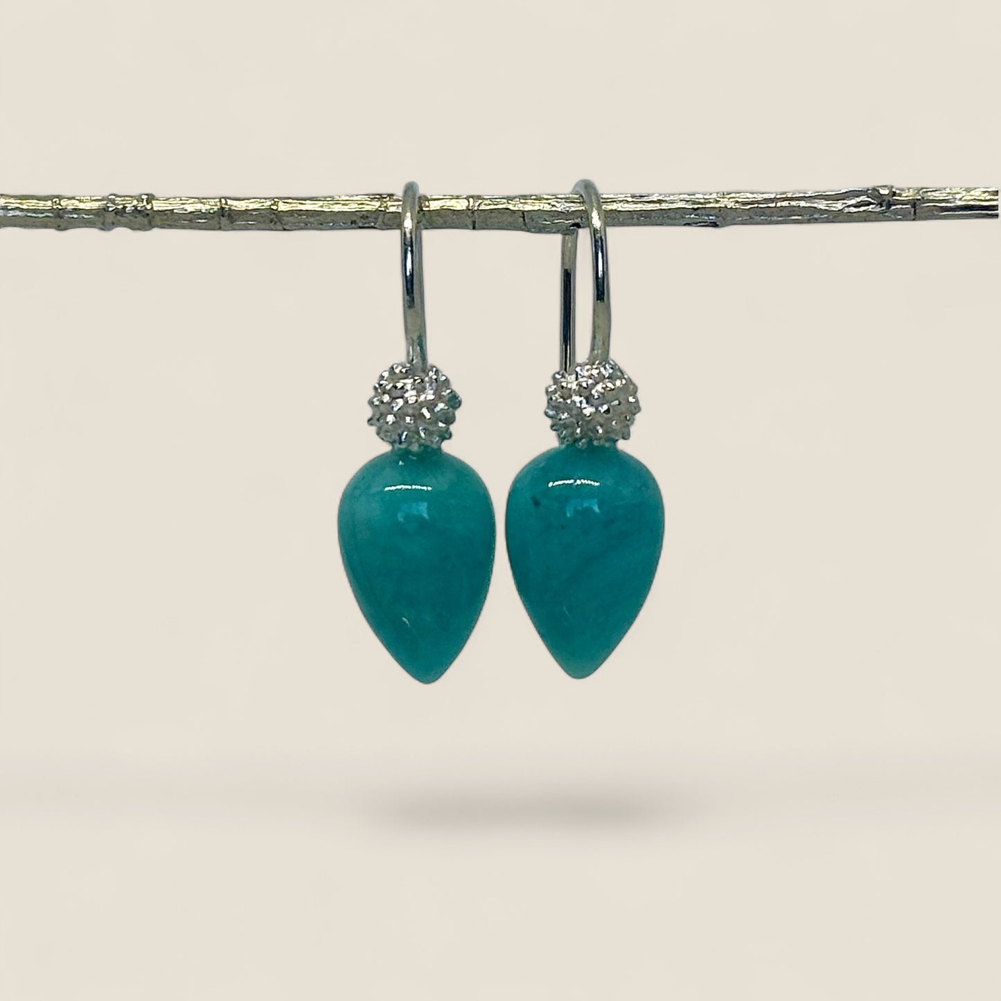 Inverted Amazonite Drops with silver Acacia blossom hooks