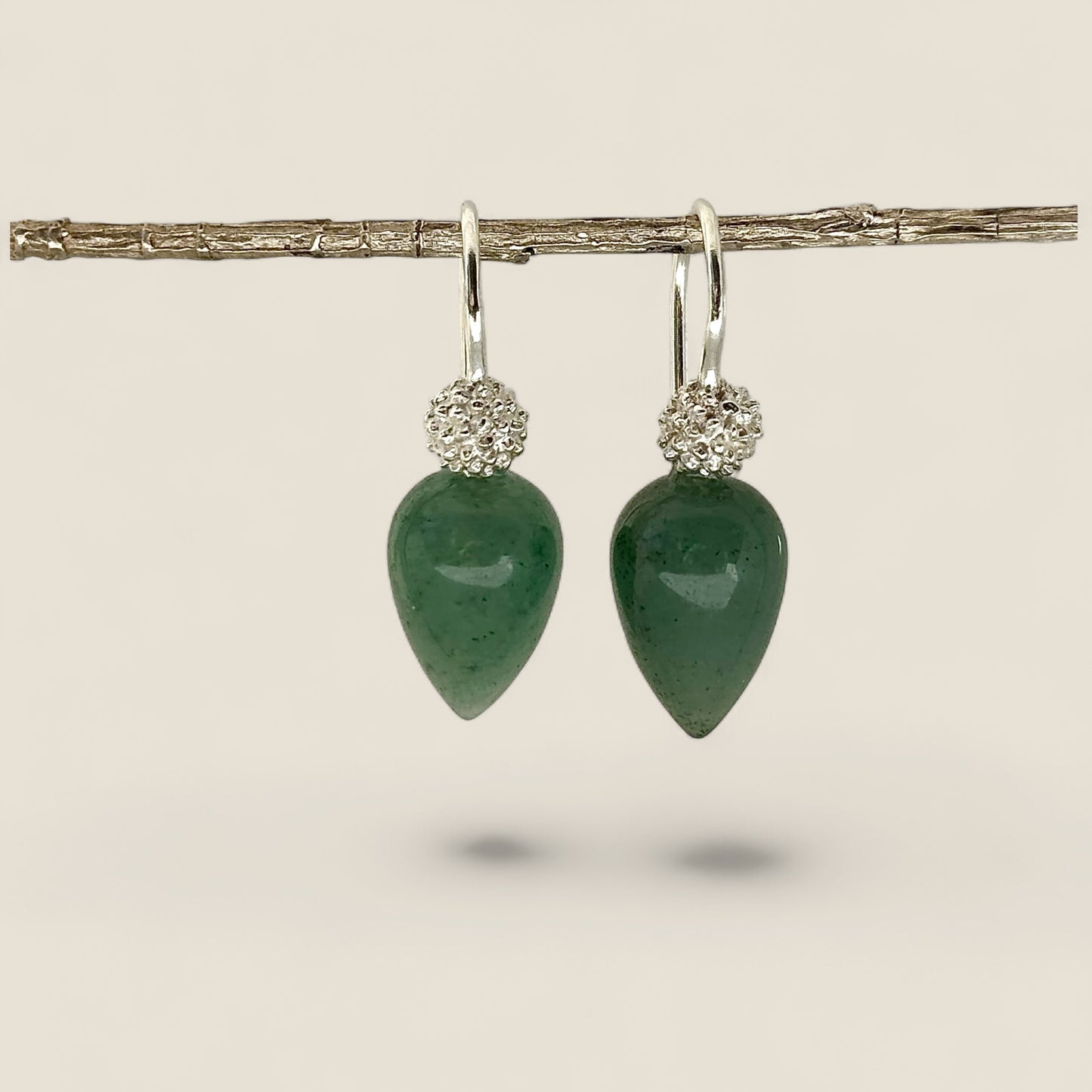 Inverted Green Aventurine Drops with silver Acacia blossom tops. 
