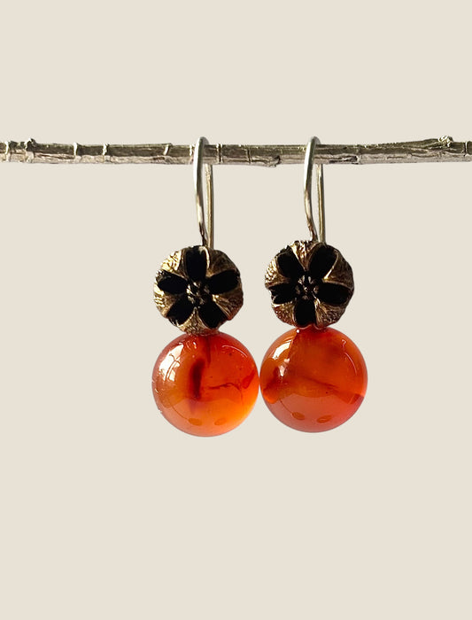 Tea Tree Drop Earrings in Bronze and Carnelian 