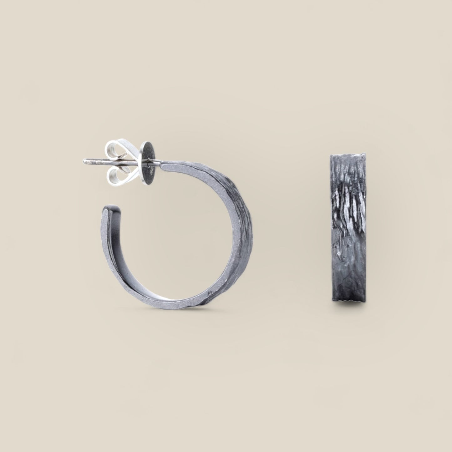 Eucalyptus bark hoop earrings silver oxidised