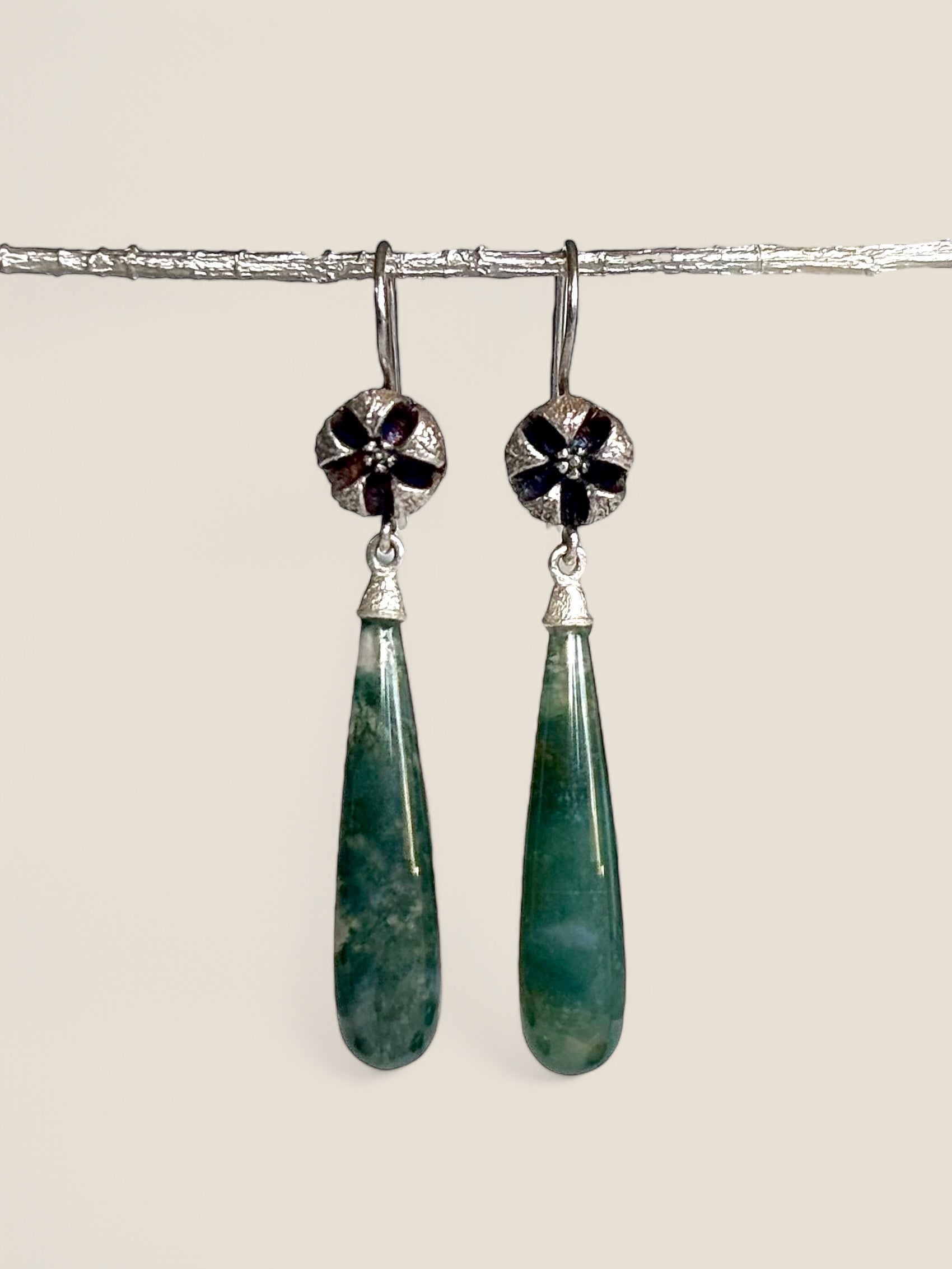 Moss Agate andn Tea Tree Drop Earrings 